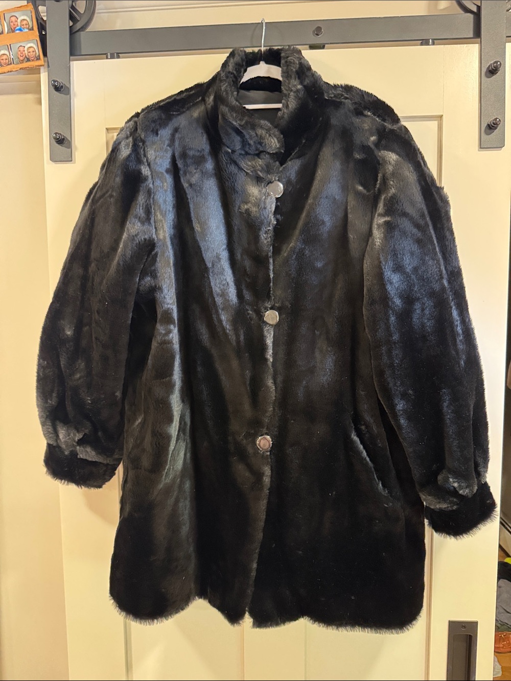 Vintage Women's Black Faux Fur Coat with Button Front reversible Sz l